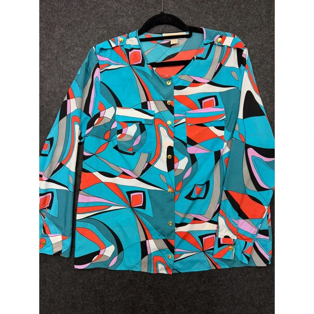 Michael Michael Kors Abstract Geometric Print Button Down Blouse Turquoise L - Picture 1 of 9